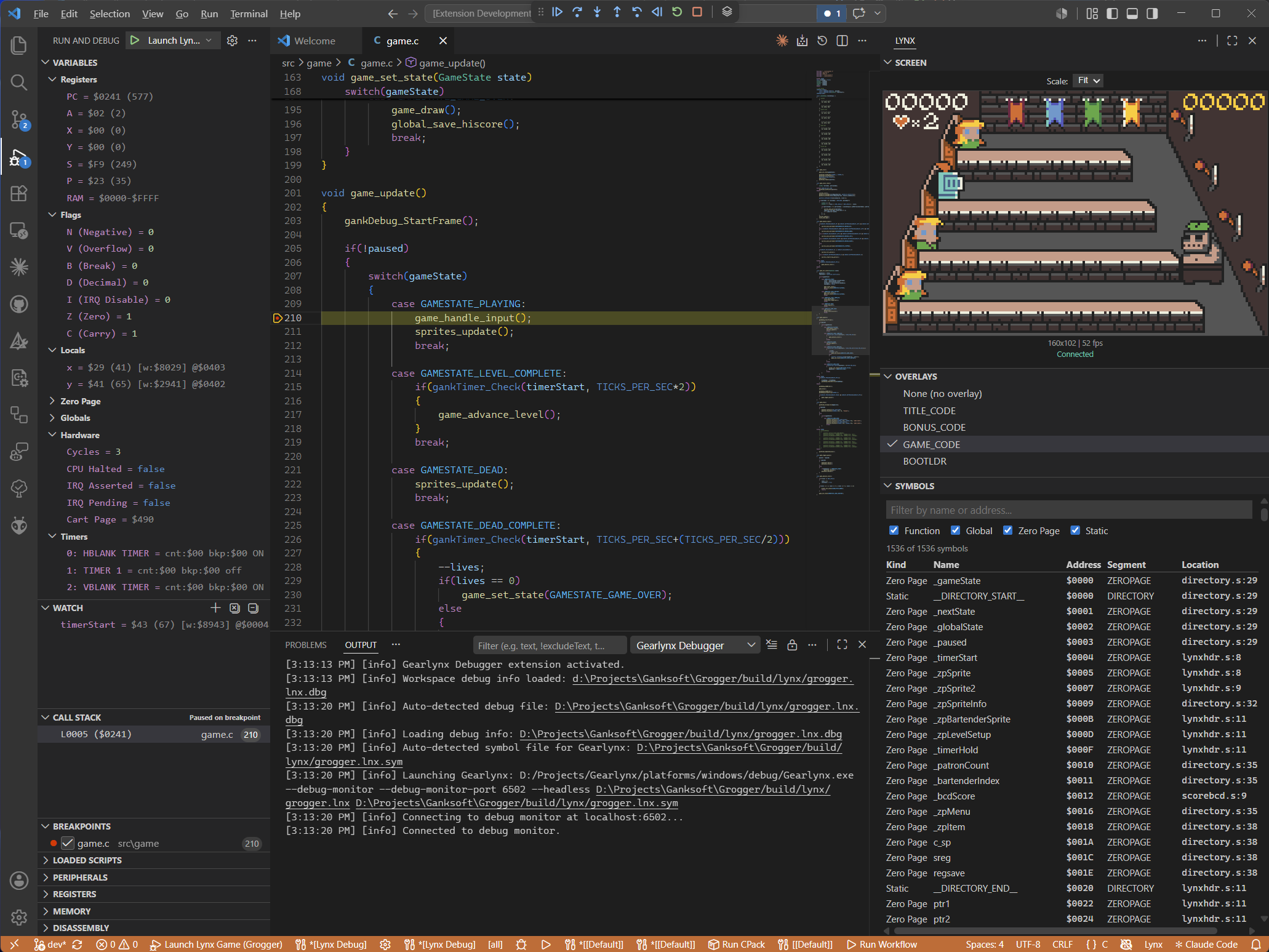 Gearlynx Debugger debugging an Atari Lynx game in VS Code: live screen viewer, CPU registers, watch expressions, call stack, and a source breakpoint
